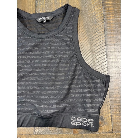 BEBE Sport, Sheer Black Stripe Black Sports Bra, BEBE Crystal Spellout, Size M - Picture 4 of 7